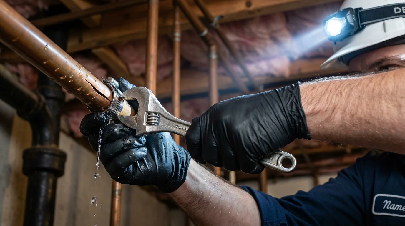 Emergency pipe clamp repair being performed by a Johns Plumbing LLC plumber in Monessen