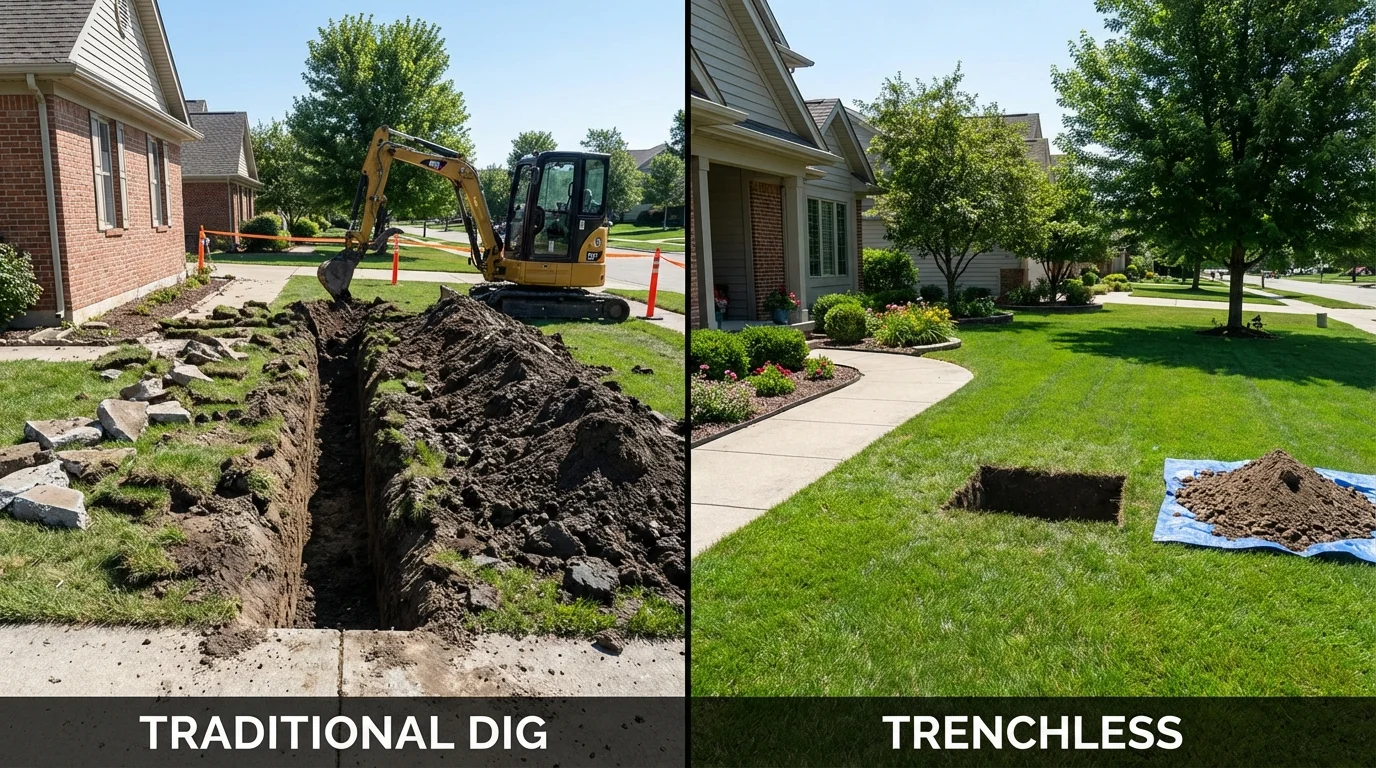 Trenchless sewer repair with minimal yard damage versus traditional excavation in Monessen, PA