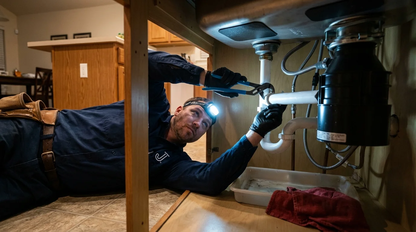 P-trap and supply line connections under a kitchen sink showing a common leak point in Monessen, PA